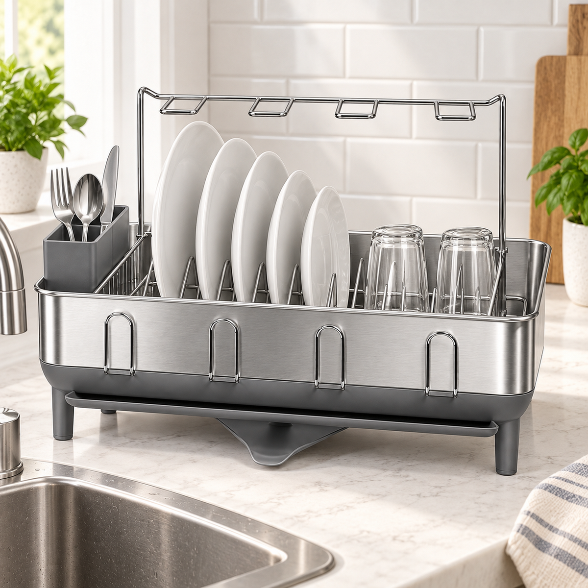Stainless Steel Dish Drying Rack with Swivel Drain Spout
