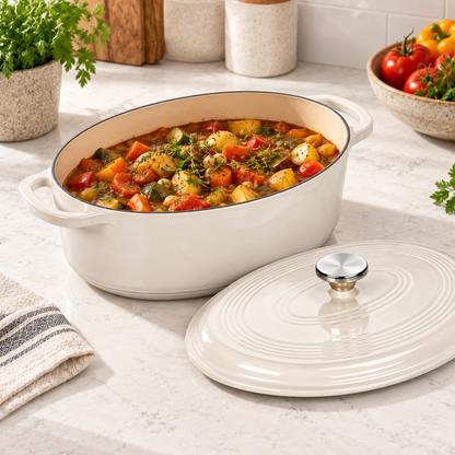 7-Qt Oval Enameled Cast Iron Dutch Oven with Lid, Oyster White