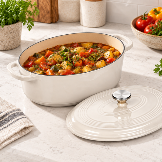 7-Qt Oval Enameled Cast Iron Dutch Oven with Lid, Oyster White