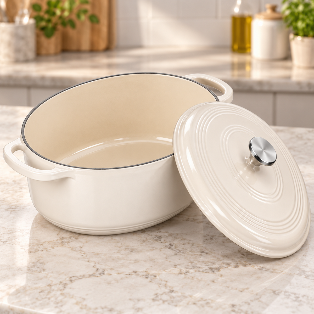 7-Qt Oval Enameled Cast Iron Dutch Oven with Lid, Oyster White