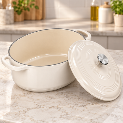 7-Qt Oval Enameled Cast Iron Dutch Oven with Lid, Oyster White