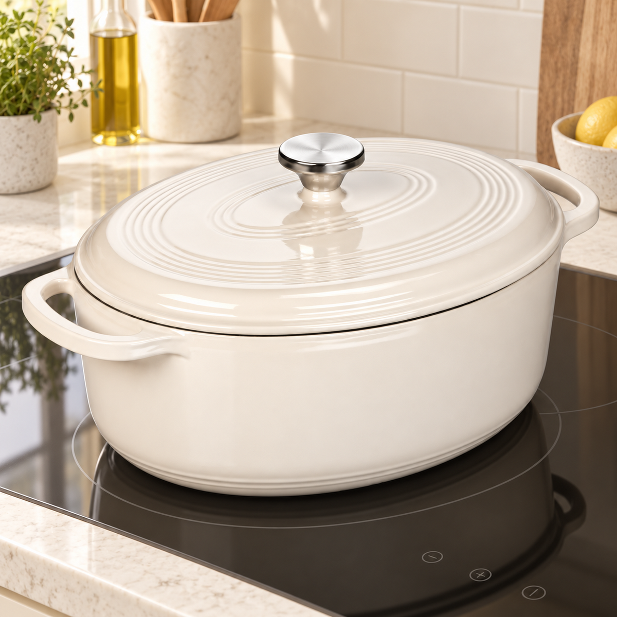 7-Qt Oval Enameled Cast Iron Dutch Oven with Lid, Oyster White