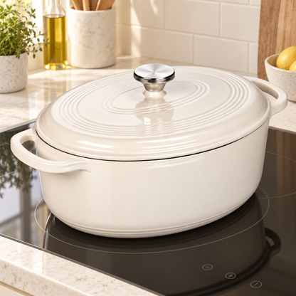 7-Qt Oval Enameled Cast Iron Dutch Oven with Lid, Oyster White